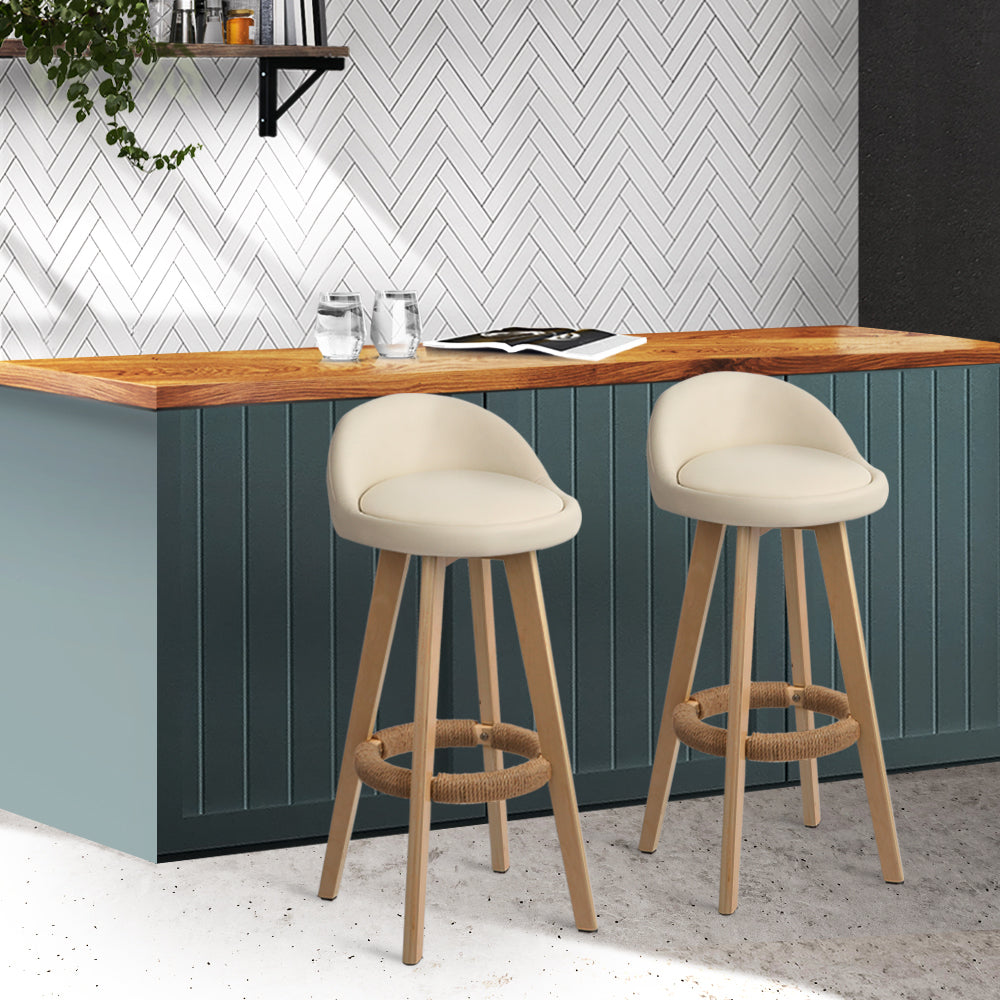 Luxe 2x Bar Stools Padded Leather Wooden Beige