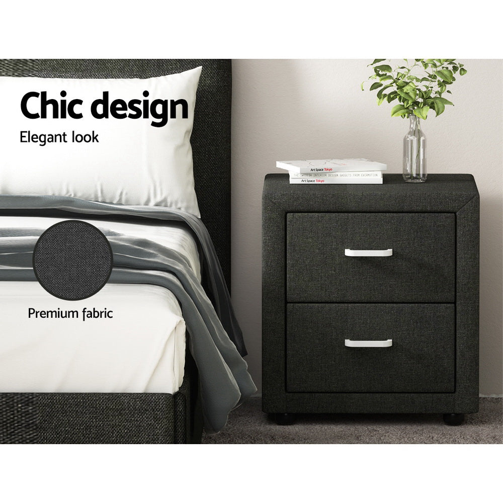 Moda Bedside Table 2 Drawers Fabric - CADEN Charcoal