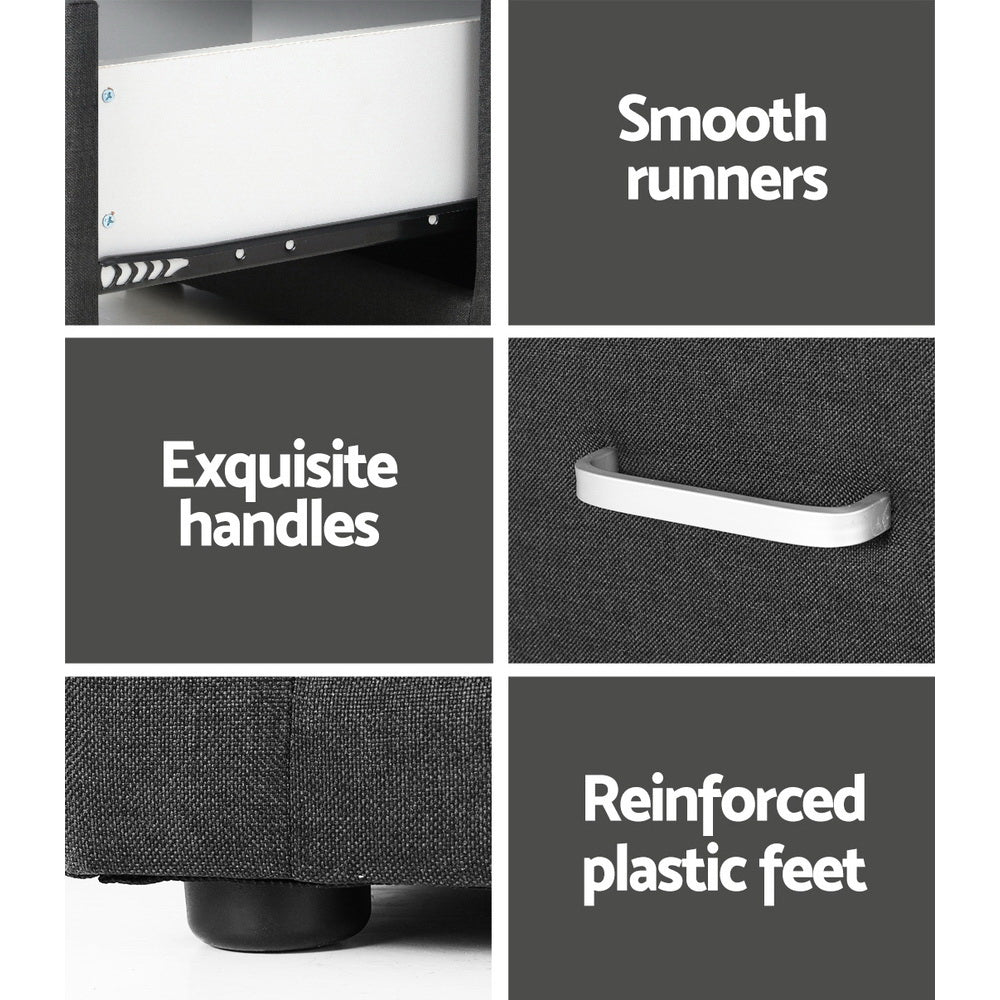 Moda Bedside Table 2 Drawers Fabric - CADEN Charcoal