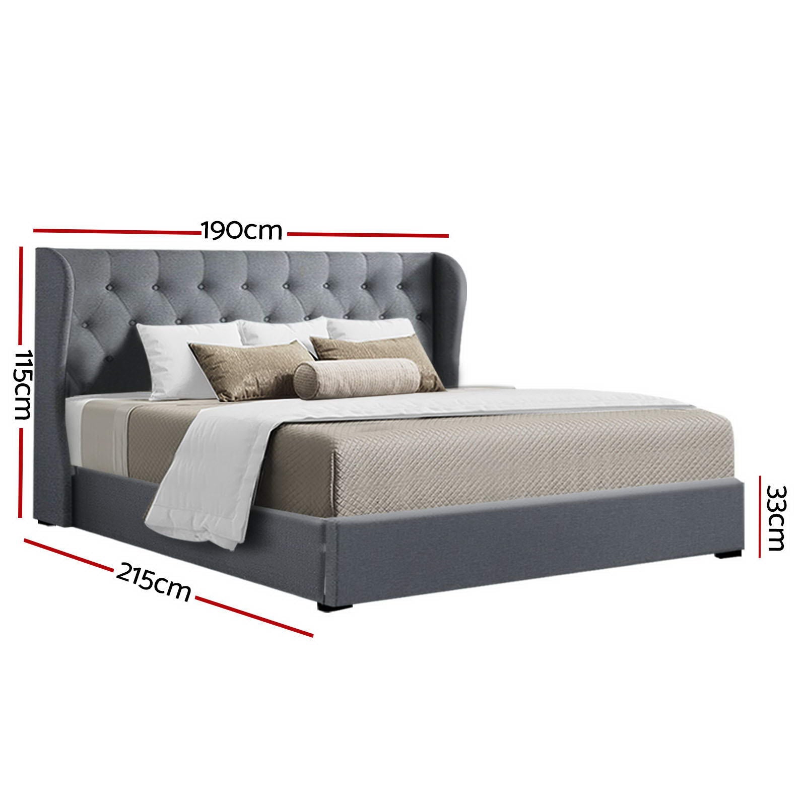 Luxury Bed Frame King Size Gas Lift Grey ISSA