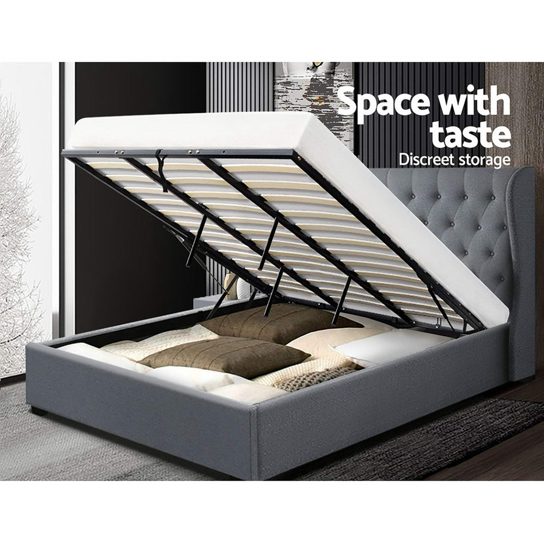 Luxury Bed Frame King Size Gas Lift Grey ISSA