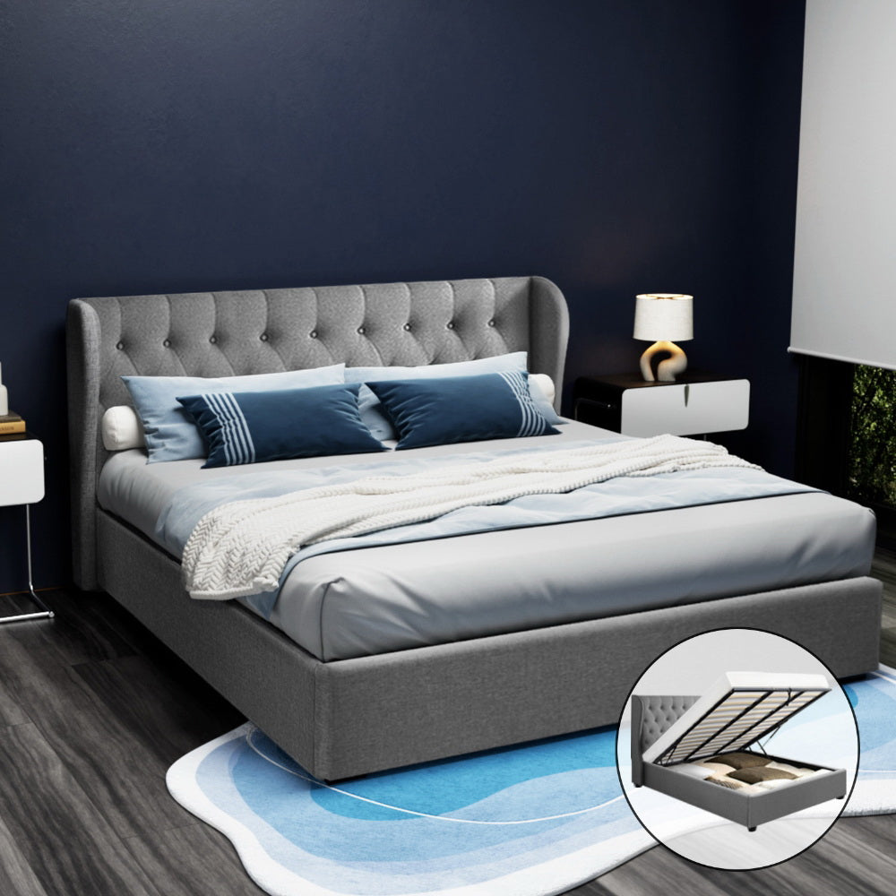 Luxury Bed Frame King Size Gas Lift Grey ISSA