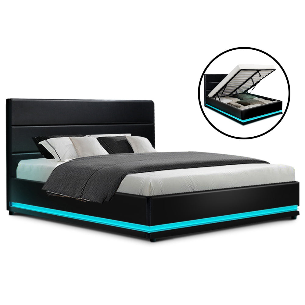 Mood Bed Frame Double Size LED Gas Lift Black LUMI