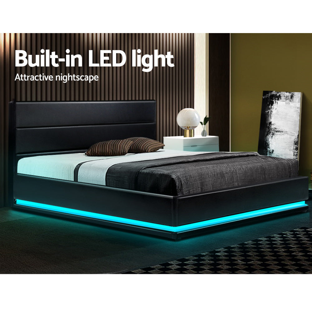 Mood Bed Frame Double Size LED Gas Lift Black LUMI