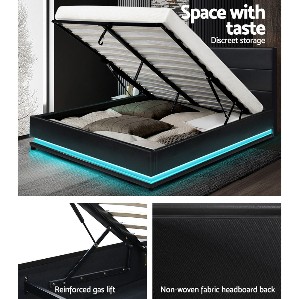 Mood Bed Frame Double Size LED Gas Lift Black LUMI
