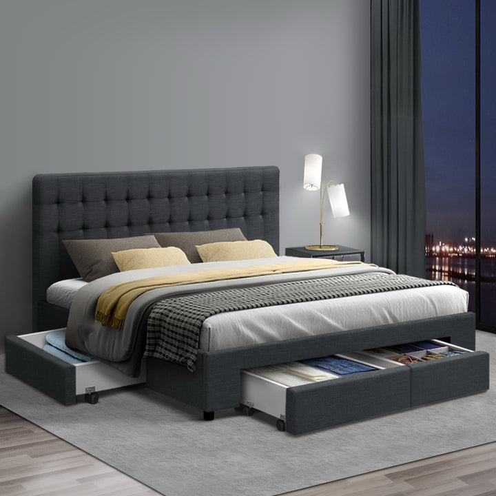 Stylish Bed Frame King Size with 4 Drawers Charcoal AVIO