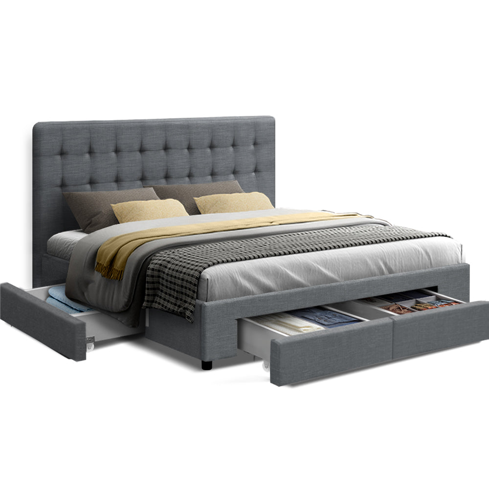 Luxe Bed Frame Queen Size with 4 Drawers Grey AVIO