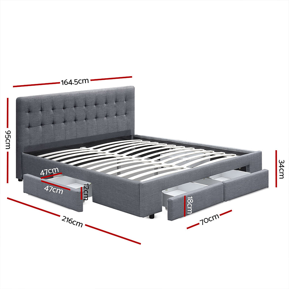 Luxe Bed Frame Queen Size with 4 Drawers Grey AVIO
