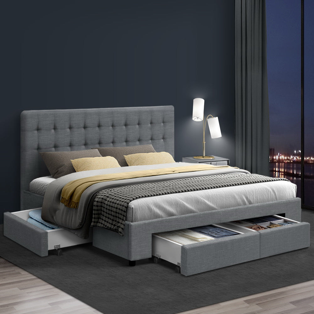 Luxe Bed Frame Queen Size with 4 Drawers Grey AVIO