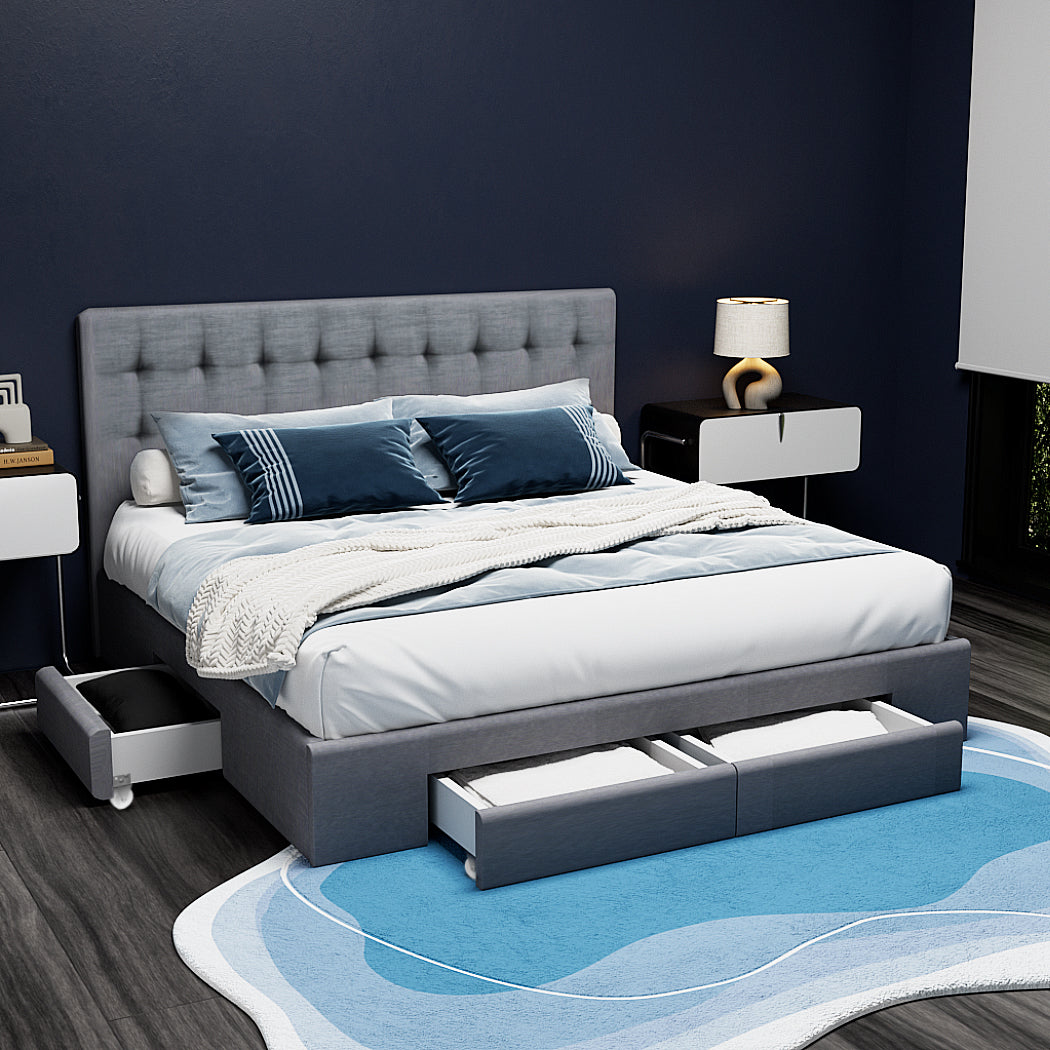 Luxe Bed Frame Queen Size with 4 Drawers Grey AVIO