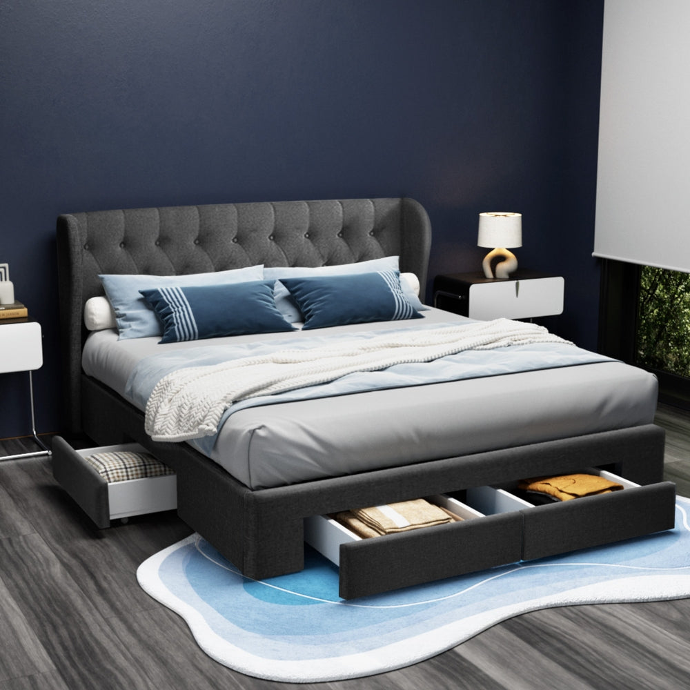 Mila Bed Frame King Size with 4 Drawers Charcoal MILA