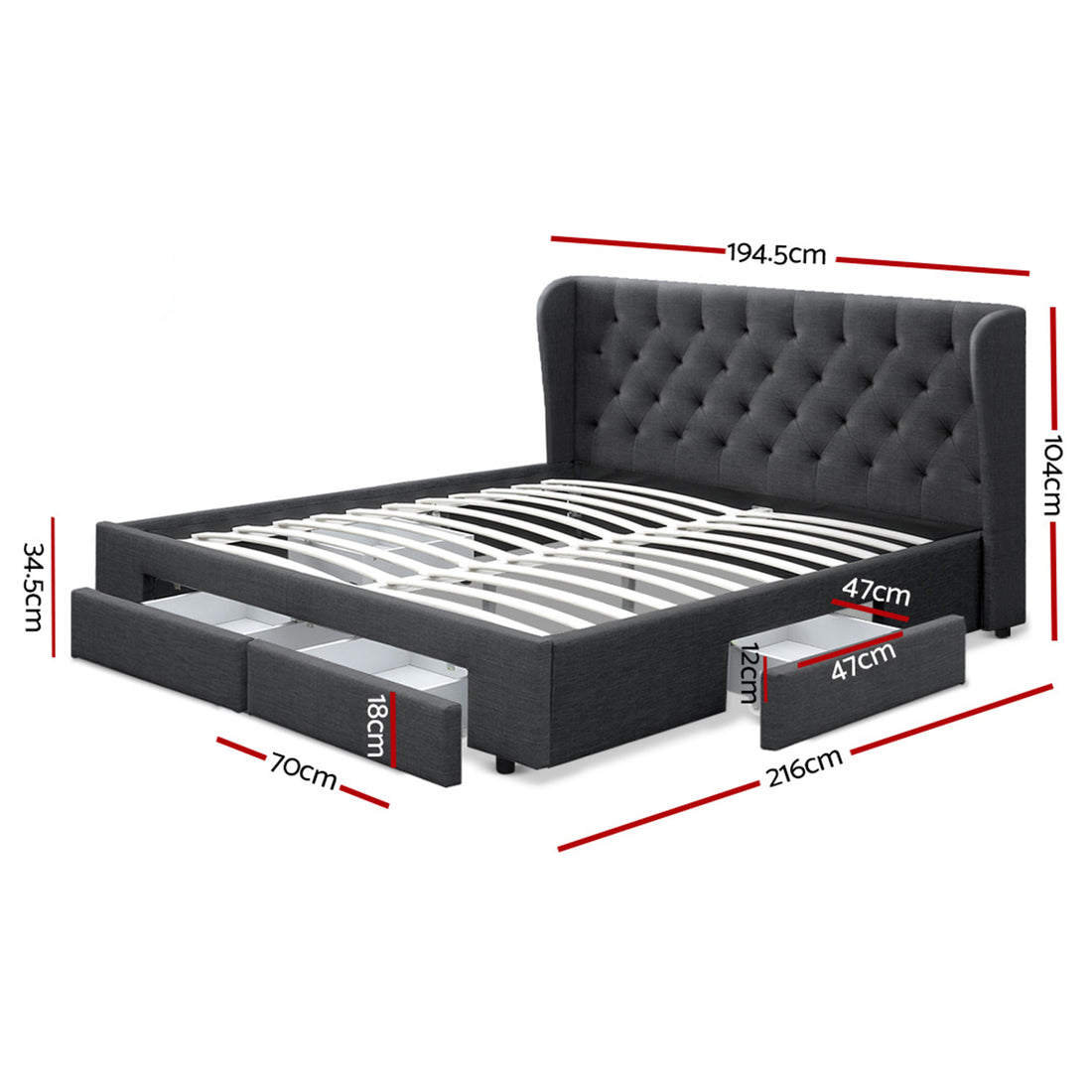Mila Bed Frame King Size with 4 Drawers Charcoal MILA
