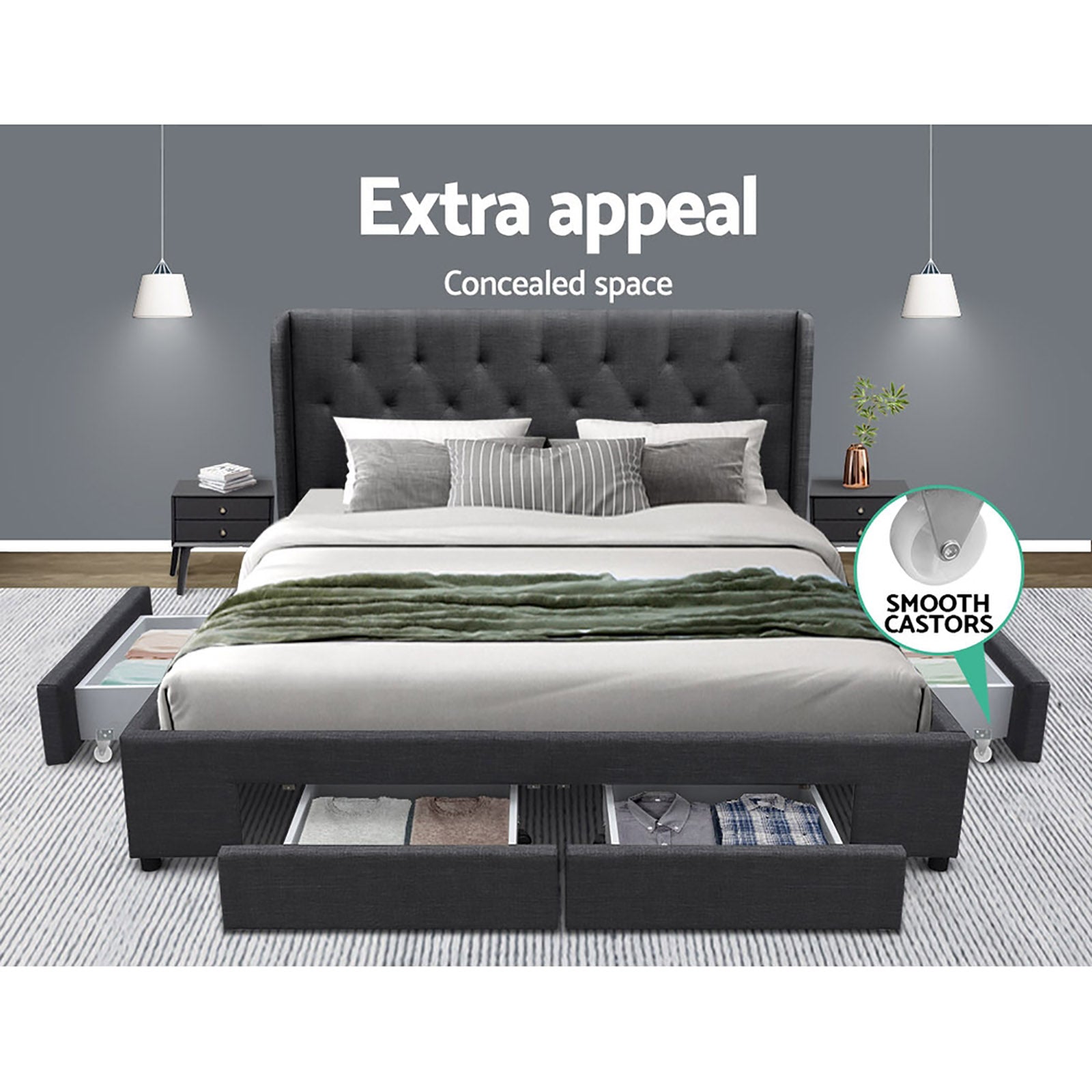 Mila Bed Frame King Size with 4 Drawers Charcoal MILA