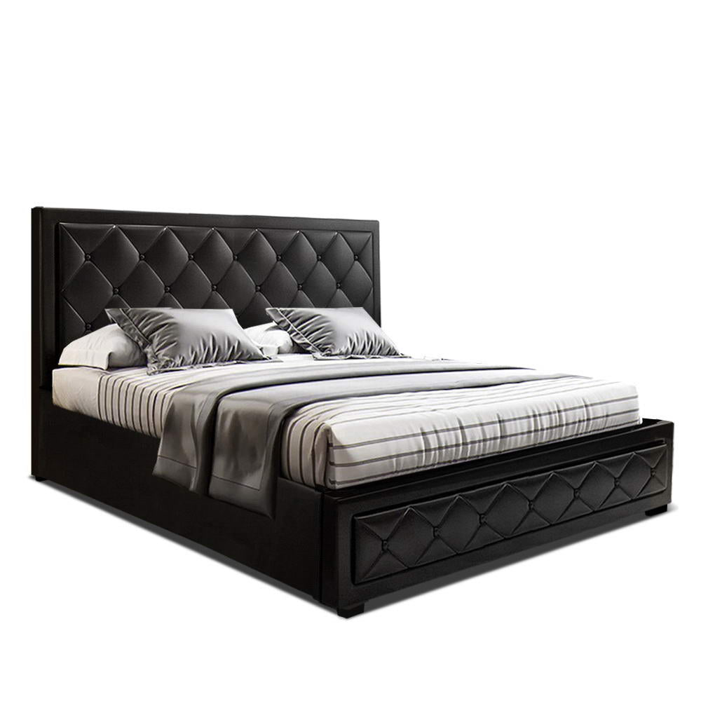Leather Bed Frame Queen Size Gas Lift Black TIYO