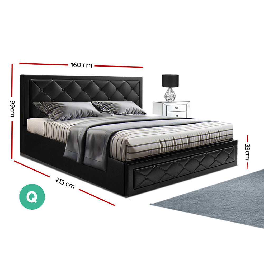 Leather Bed Frame Queen Size Gas Lift Black TIYO