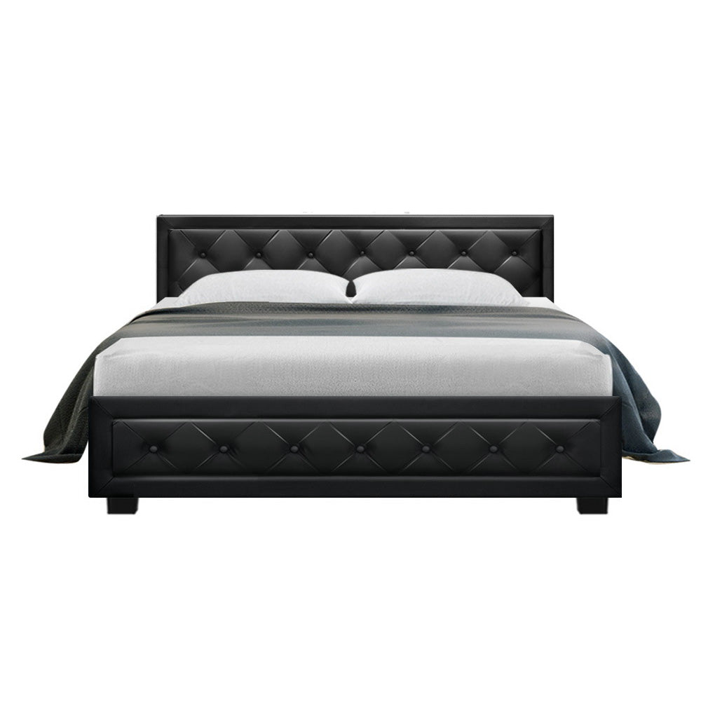 Leather Bed Frame Queen Size Gas Lift Black TIYO