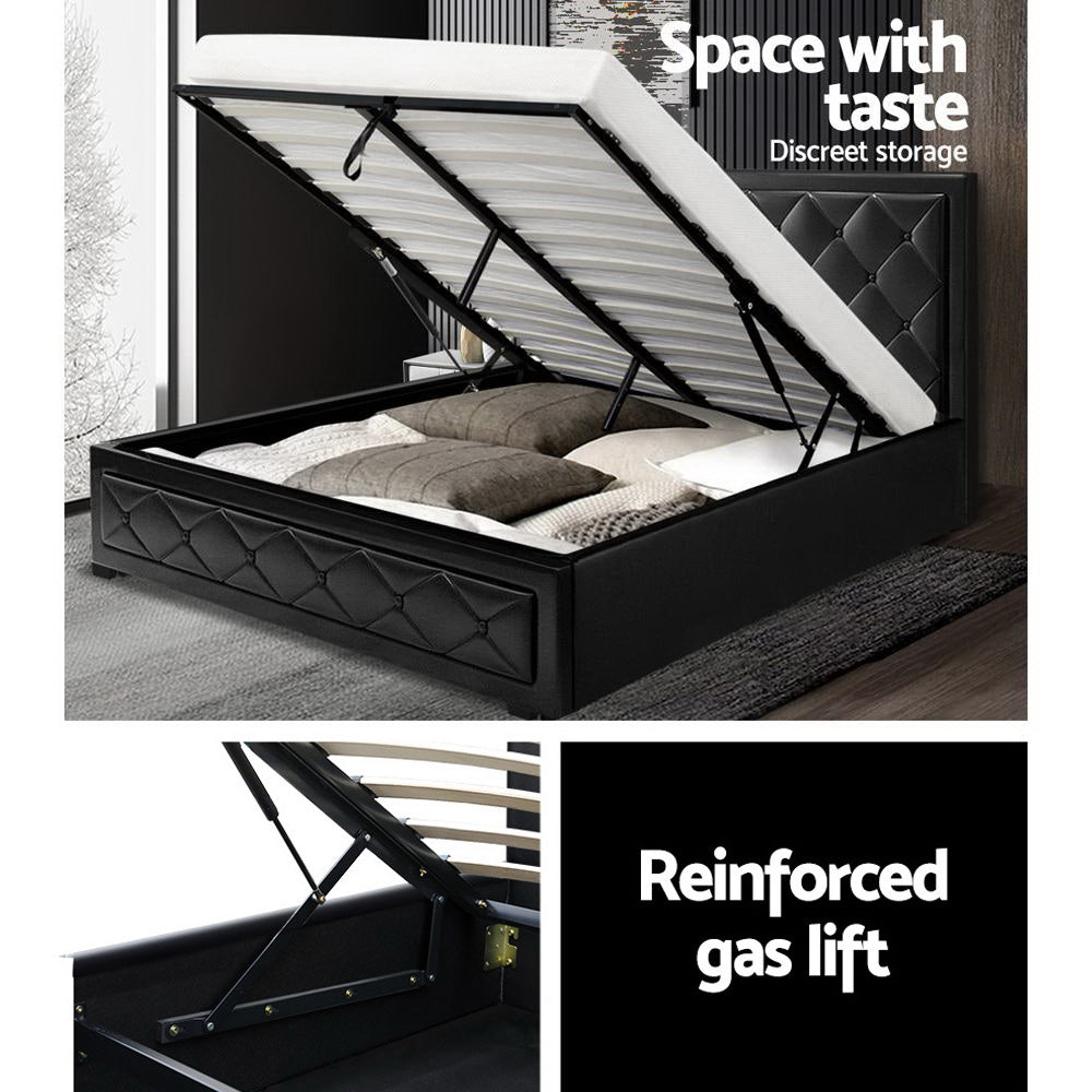 Leather Bed Frame Queen Size Gas Lift Black TIYO