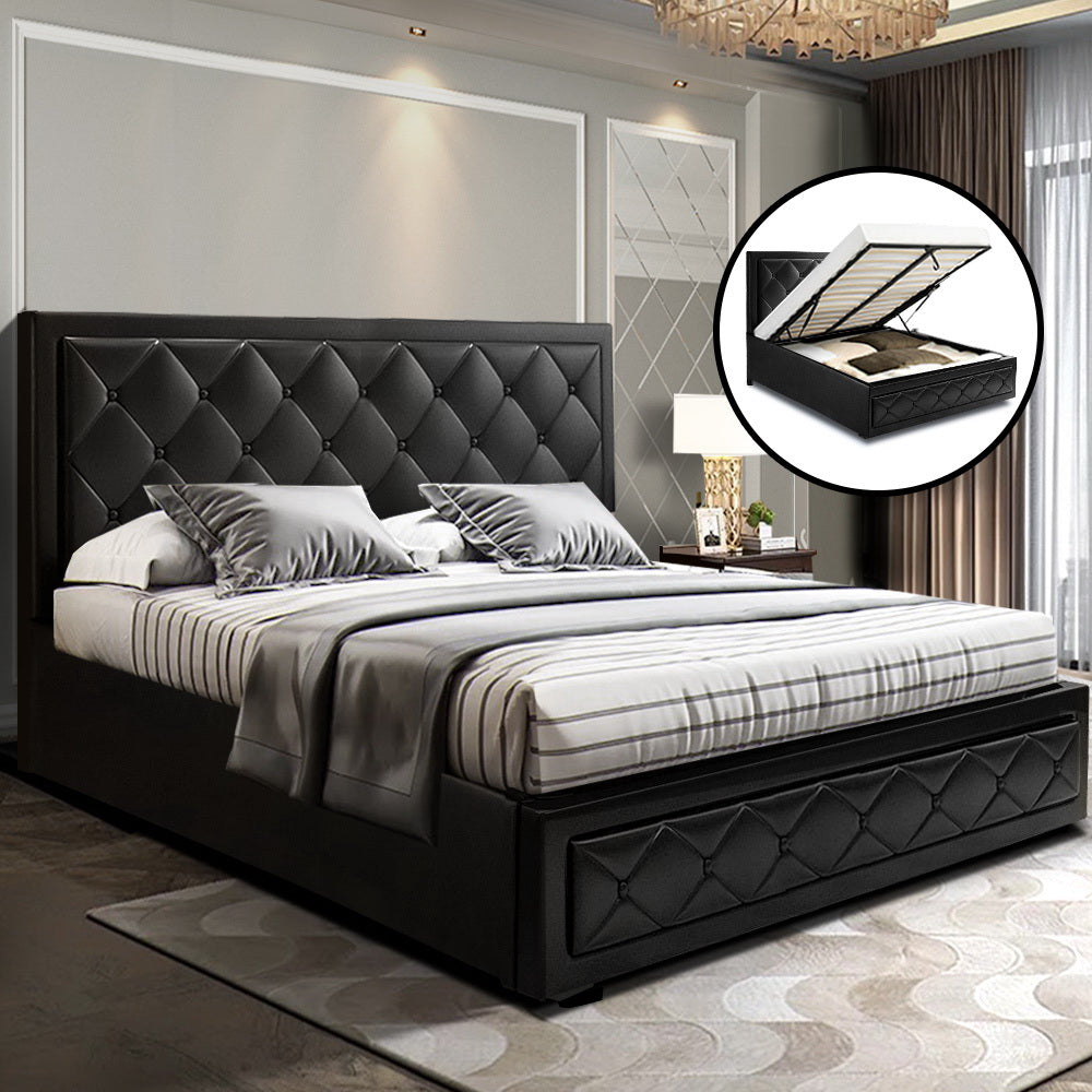 Leather Bed Frame Queen Size Gas Lift Black TIYO