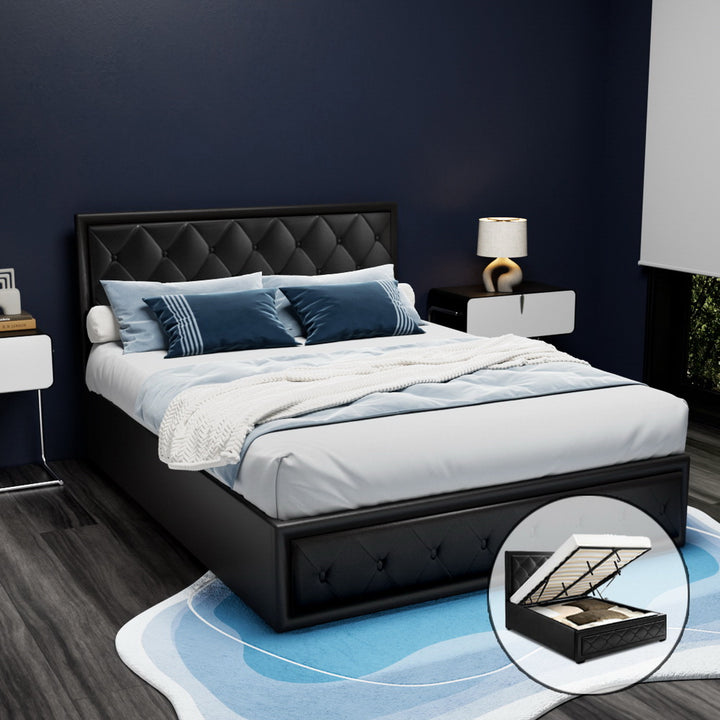 Leather Bed Frame Queen Size Gas Lift Black TIYO
