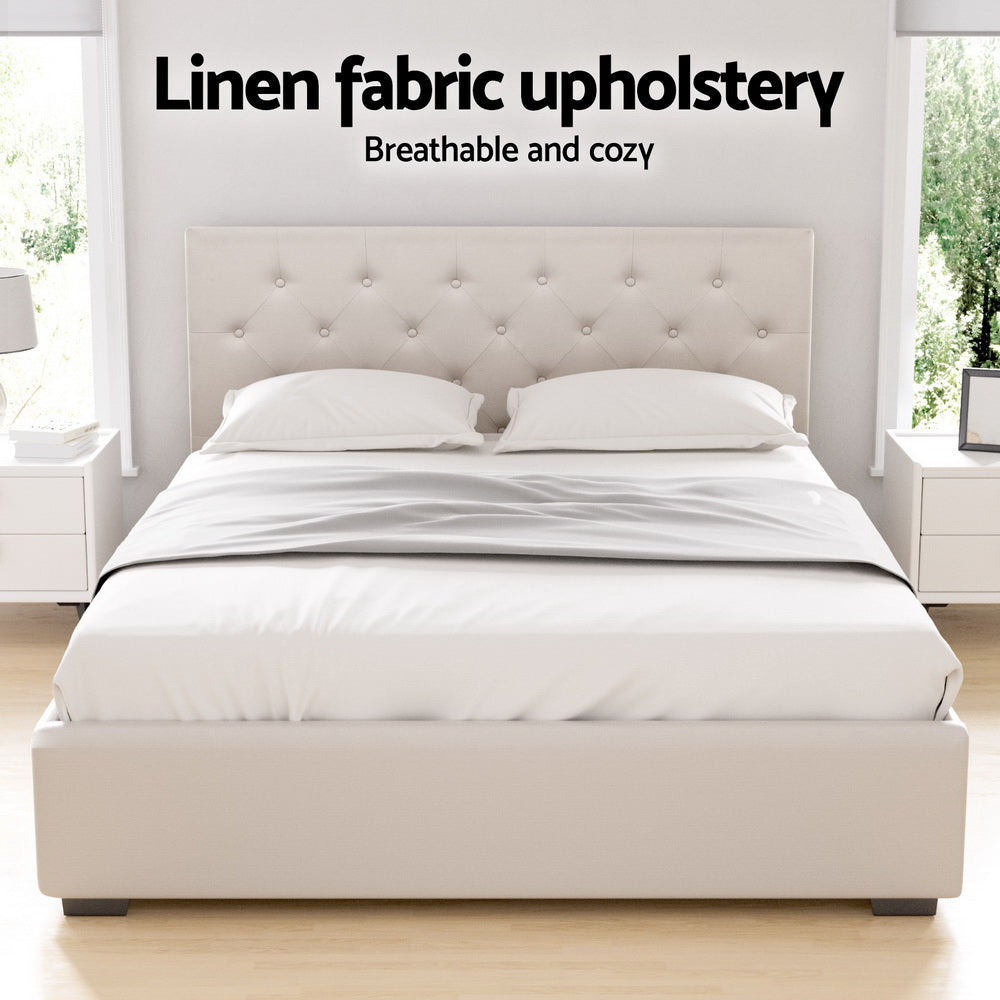 Upholstered Bed Frame Double Size Gas Lift Beige VILA