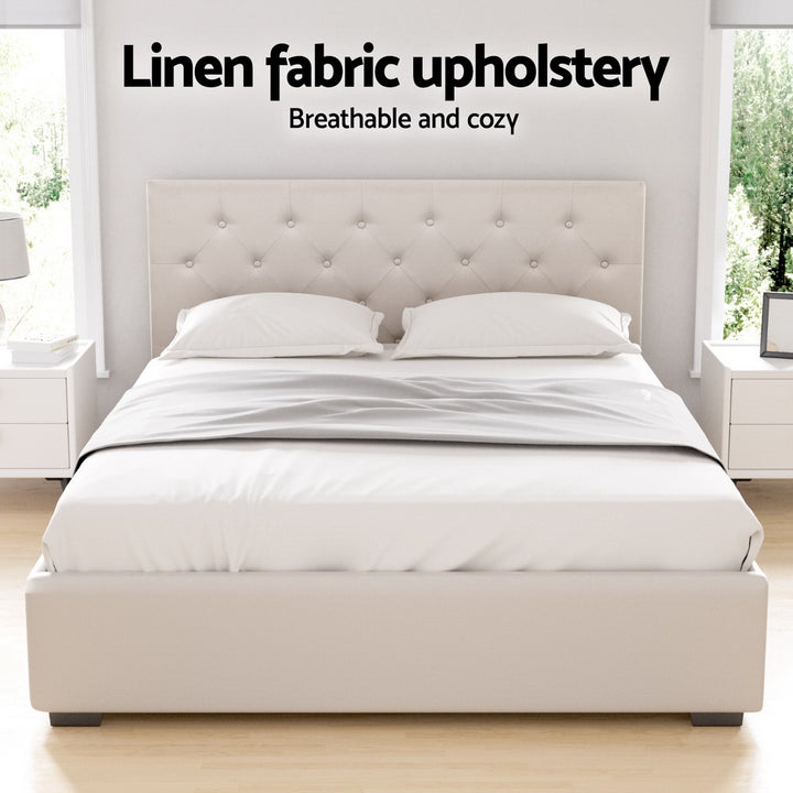 Upholstered Bed Frame Double Size Gas Lift Beige VILA