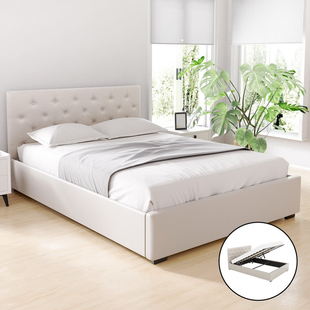 Upholstered Bed Frame Double Size Gas Lift Beige VILA