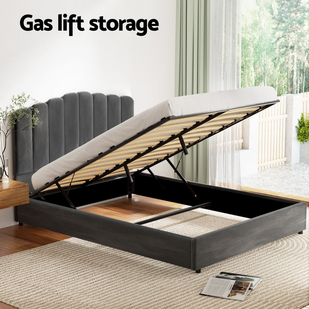 Stylish  Bed Frame Double Size Velvet Grey FION