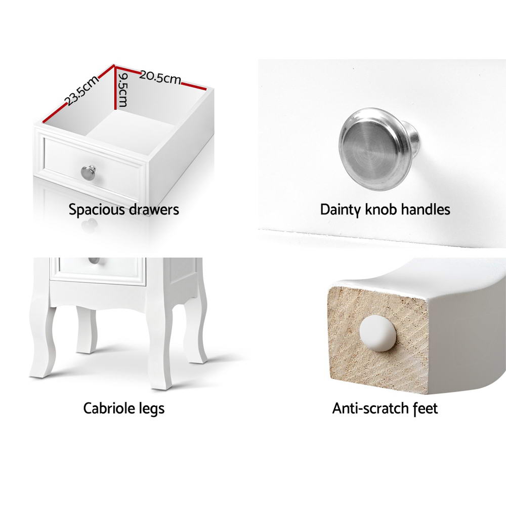 French Bedside Table 2 Drawers - BISSET White