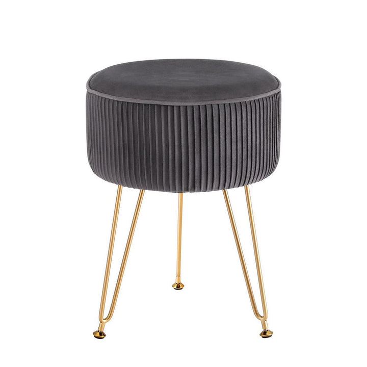 Coastal Charm Ottoman Foot Stool Velvet Stripe Round Grey