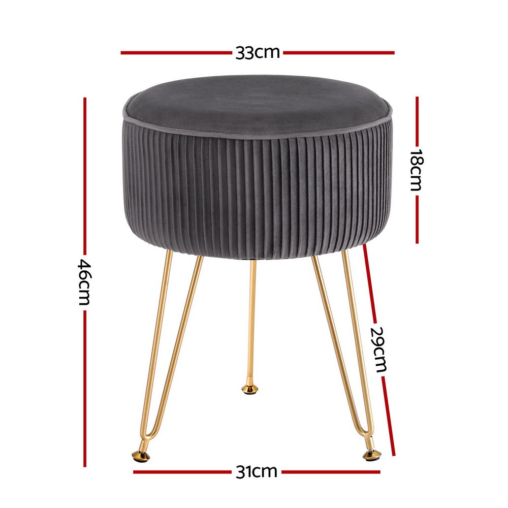 Coastal Charm Ottoman Foot Stool Velvet Stripe Round Grey