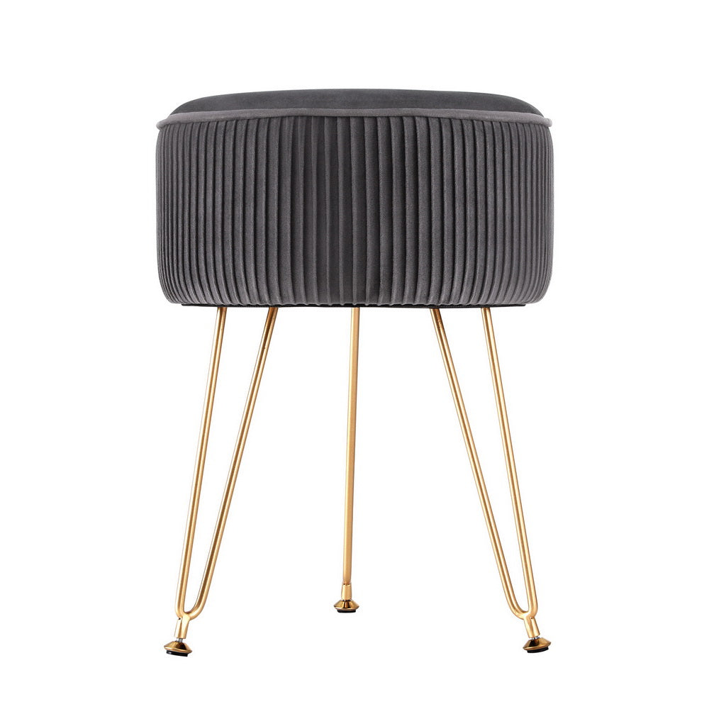 Coastal Charm Ottoman Foot Stool Velvet Stripe Round Grey