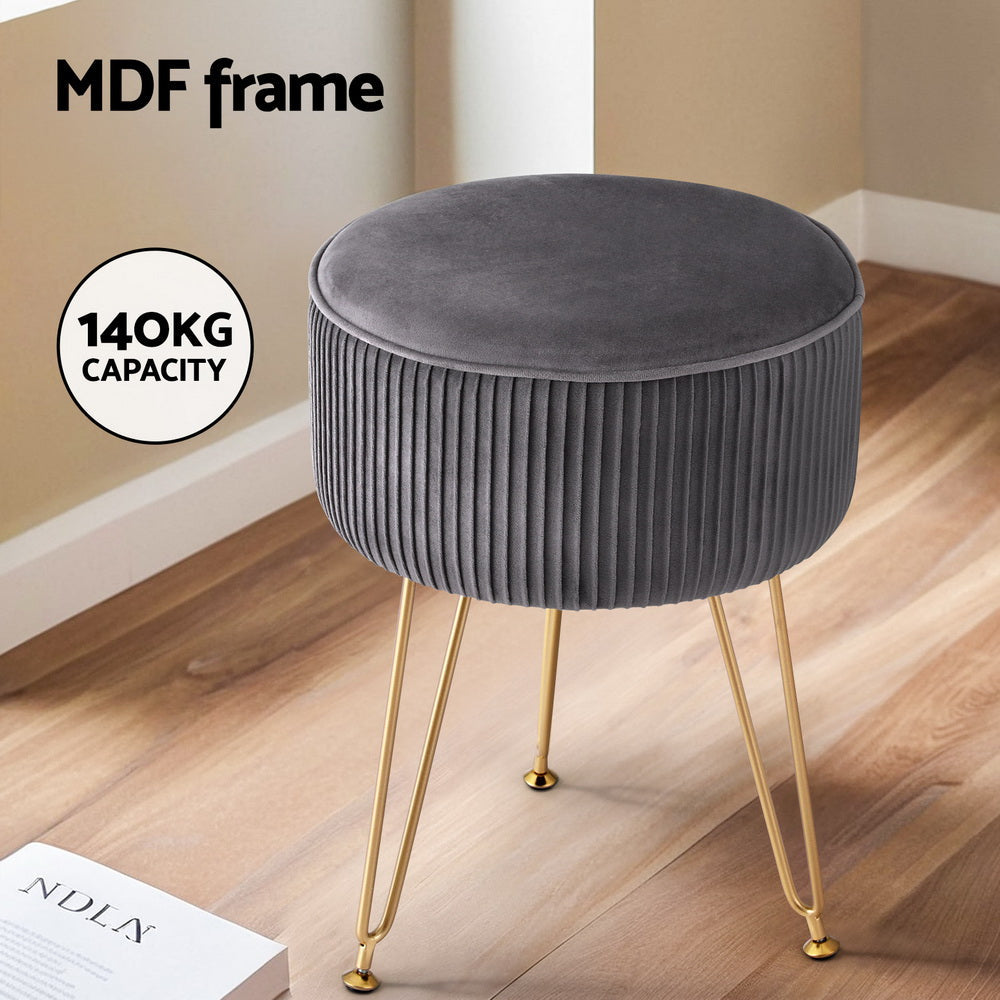 Coastal Charm Ottoman Foot Stool Velvet Stripe Round Grey