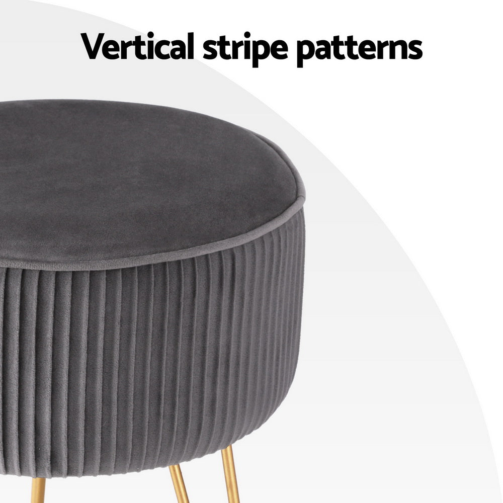 Coastal Charm Ottoman Foot Stool Velvet Stripe Round Grey