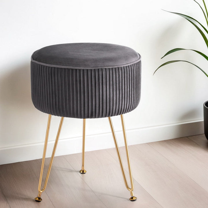 Coastal Charm Ottoman Foot Stool Velvet Stripe Round Grey