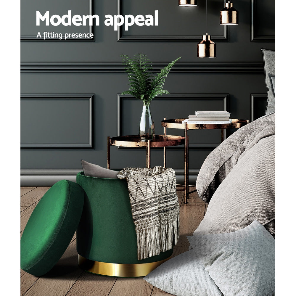 Ottoman Storage Foot Stool Round Velvet Green