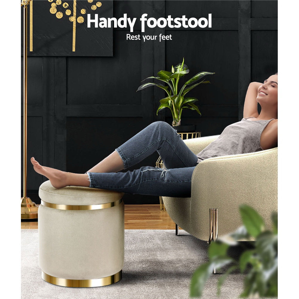 Ottoman Foot Stool Round Velvet Cream