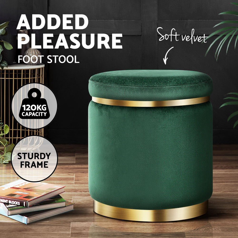 Luxe Ottoman Foot Stool Round Velvet Green