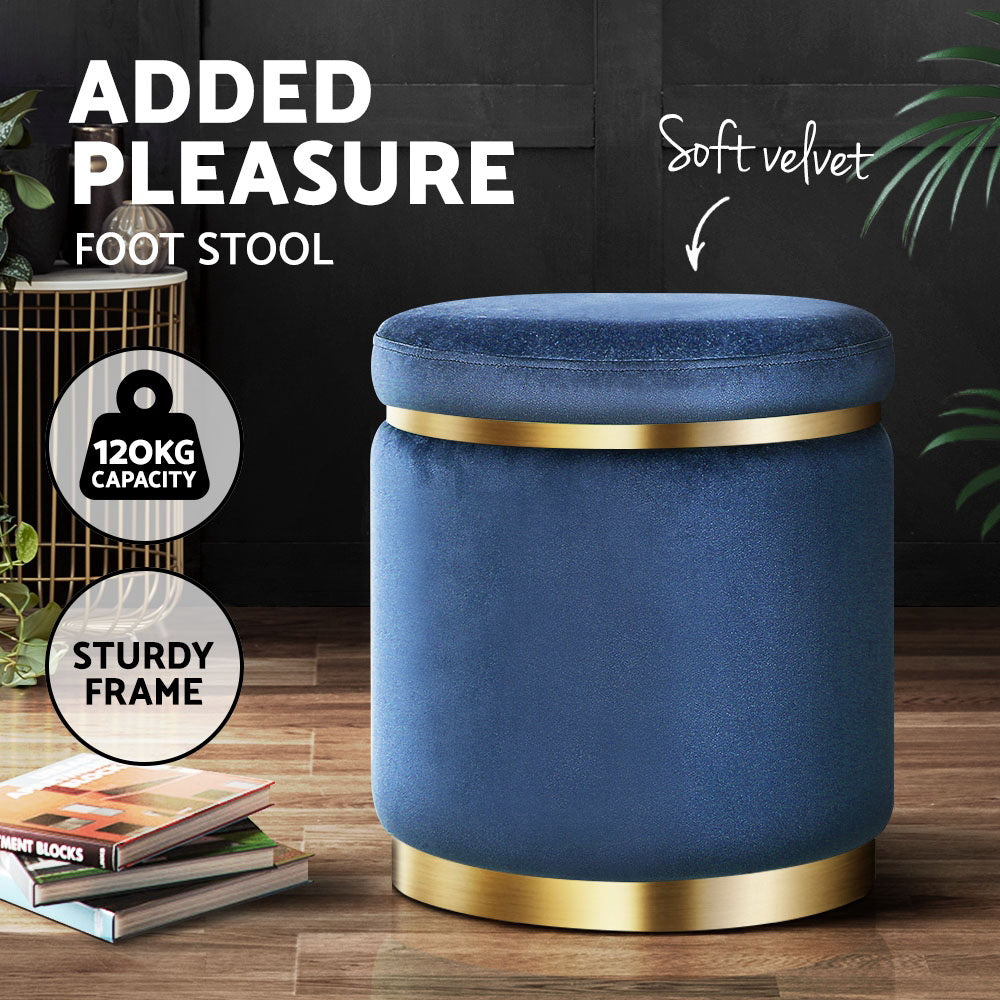 Ottoman Foot Stool Round Velvet Navy