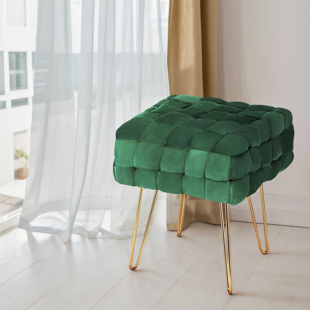 Coastal Charm Ottoman Foot Stool Woven Velvet Green