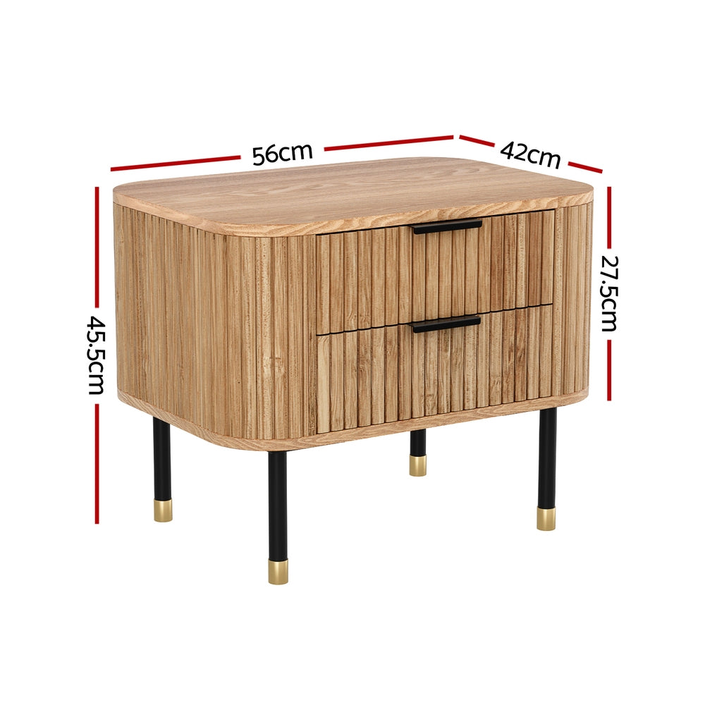Timber Bedside Table 2 Drawers Paulownia Wood Pine