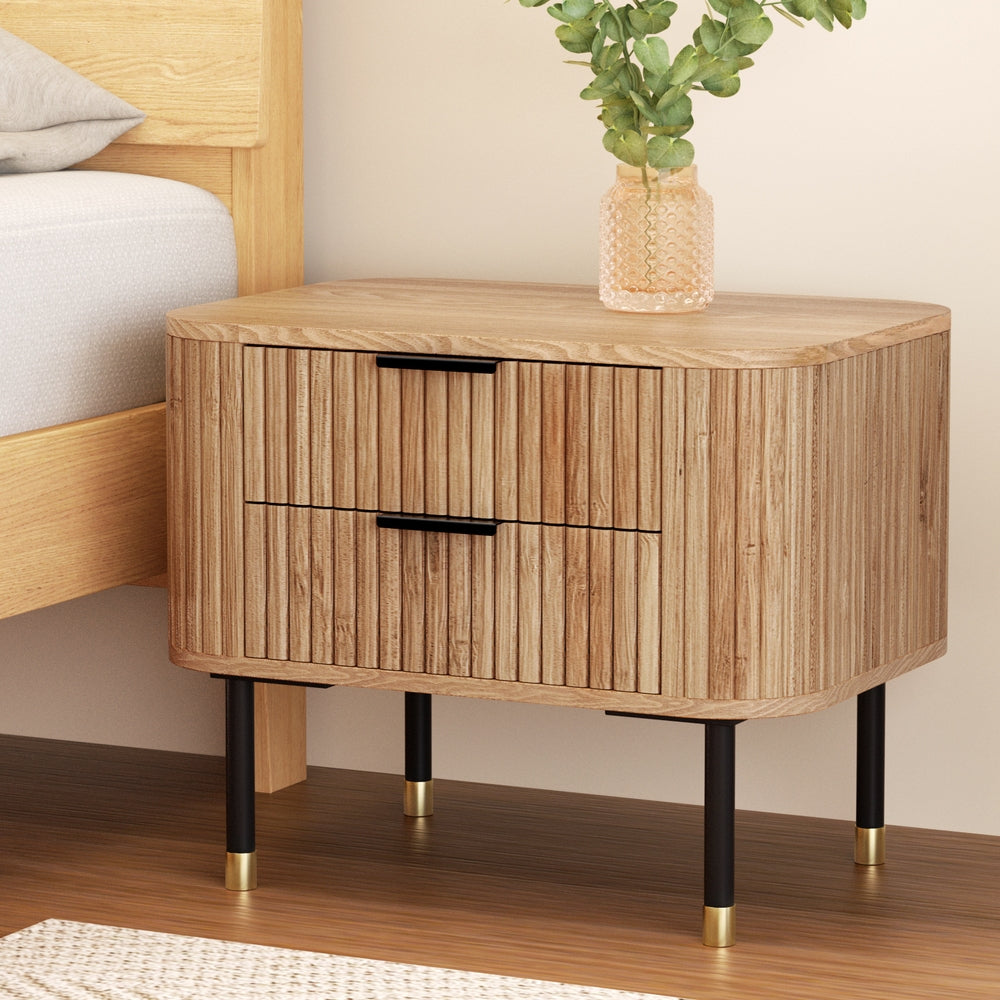 Timber Bedside Table 2 Drawers Paulownia Wood Pine