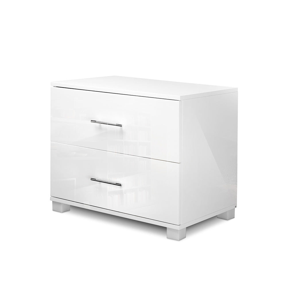 Modern Bedside Table 2 Drawers High Gloss - White