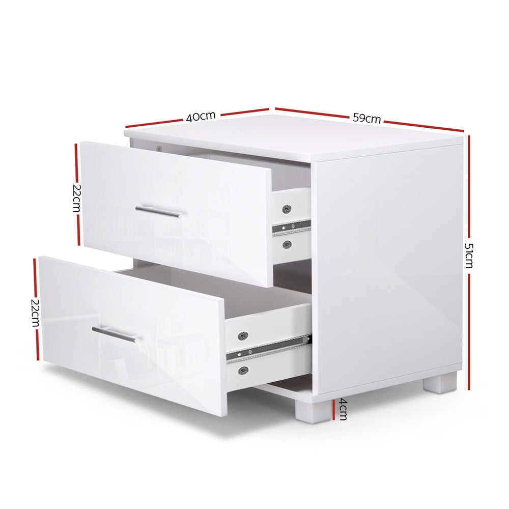 Modern Bedside Table 2 Drawers High Gloss - White
