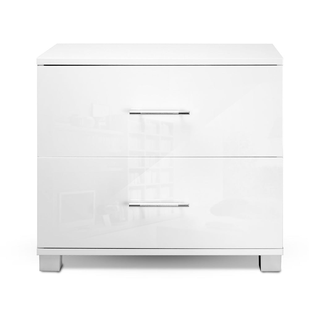 Modern Bedside Table 2 Drawers High Gloss - White