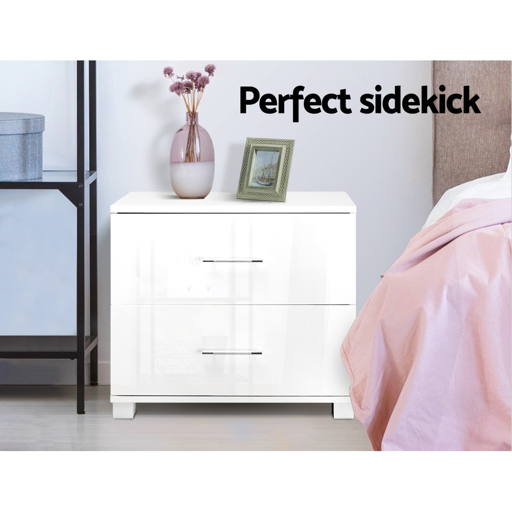 Modern Bedside Table 2 Drawers High Gloss - White