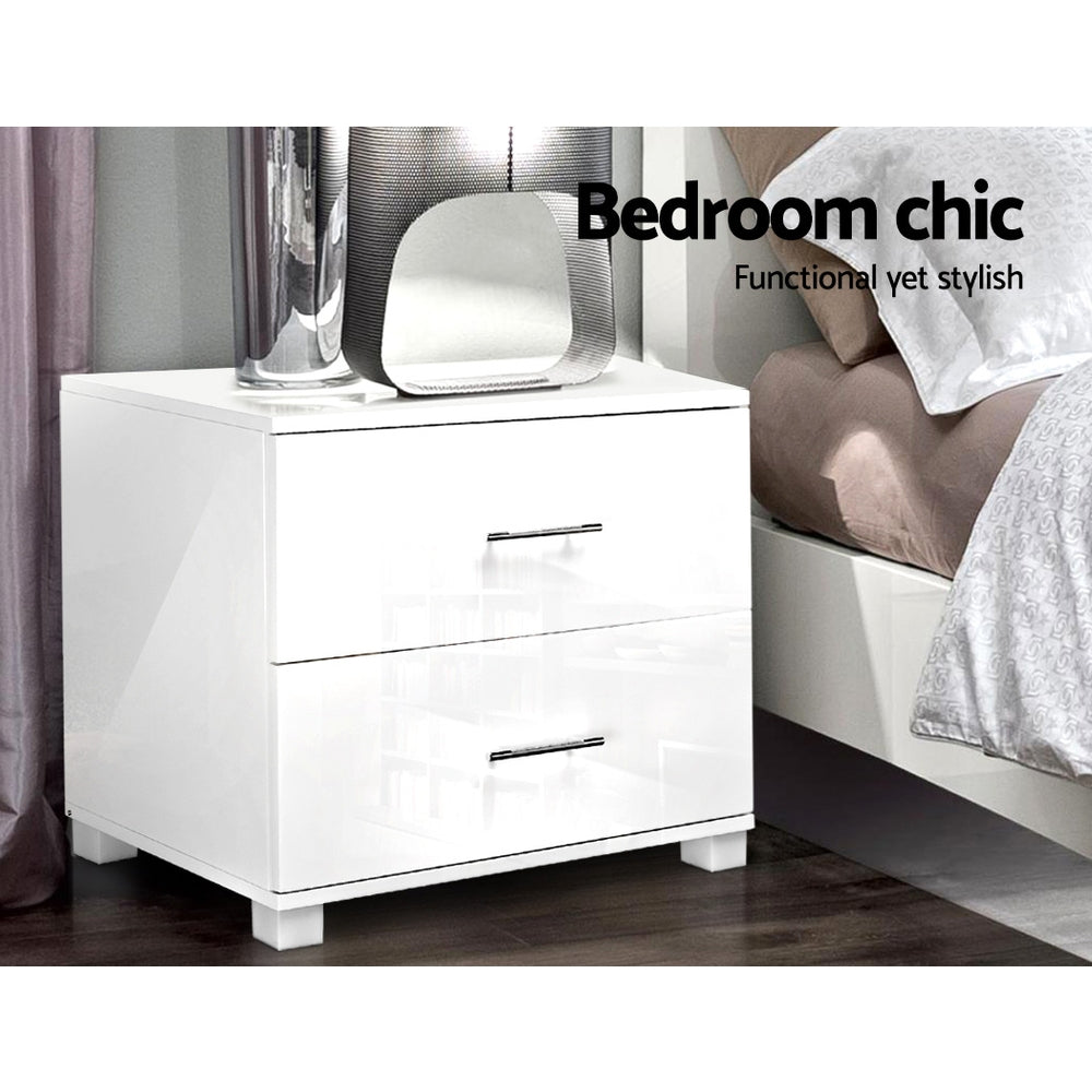 Modern Bedside Table 2 Drawers High Gloss - White