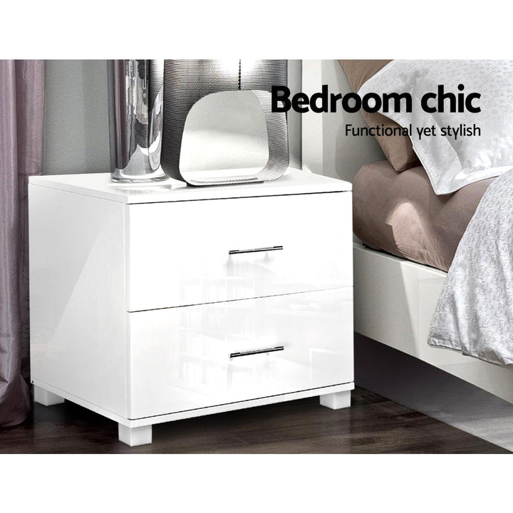 Modern Bedside Table 2 Drawers High Gloss - White