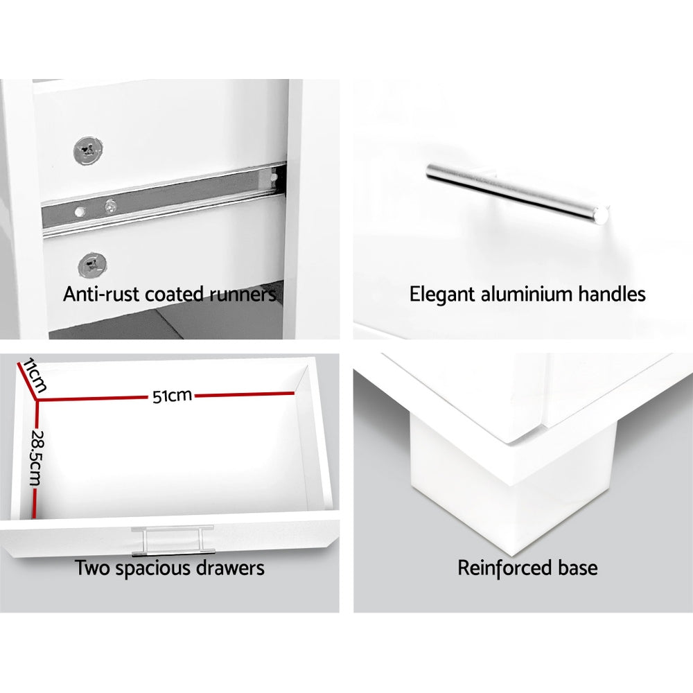 Modern Bedside Table 2 Drawers High Gloss - White