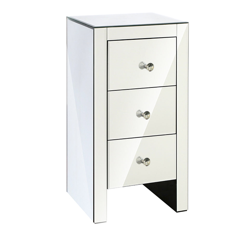 Mirrored Bedside Table 3 Drawers Mirrored - QUENN Silver