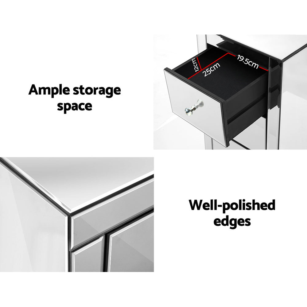 Mirrored Bedside Table 3 Drawers Mirrored - QUENN Silver